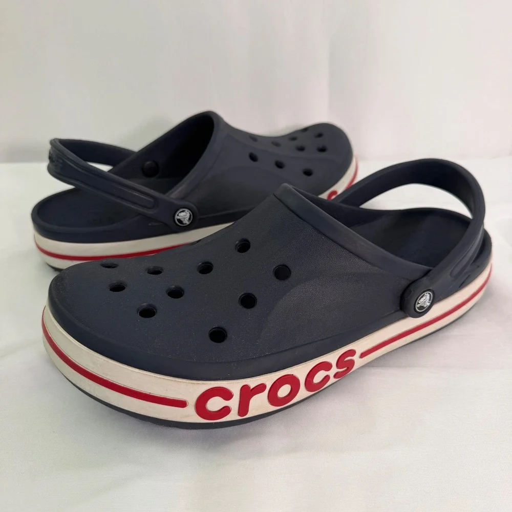 Crocs Bayaband Clog Navy Blue Red White Logo Mens Size 13 Slip On Shoes